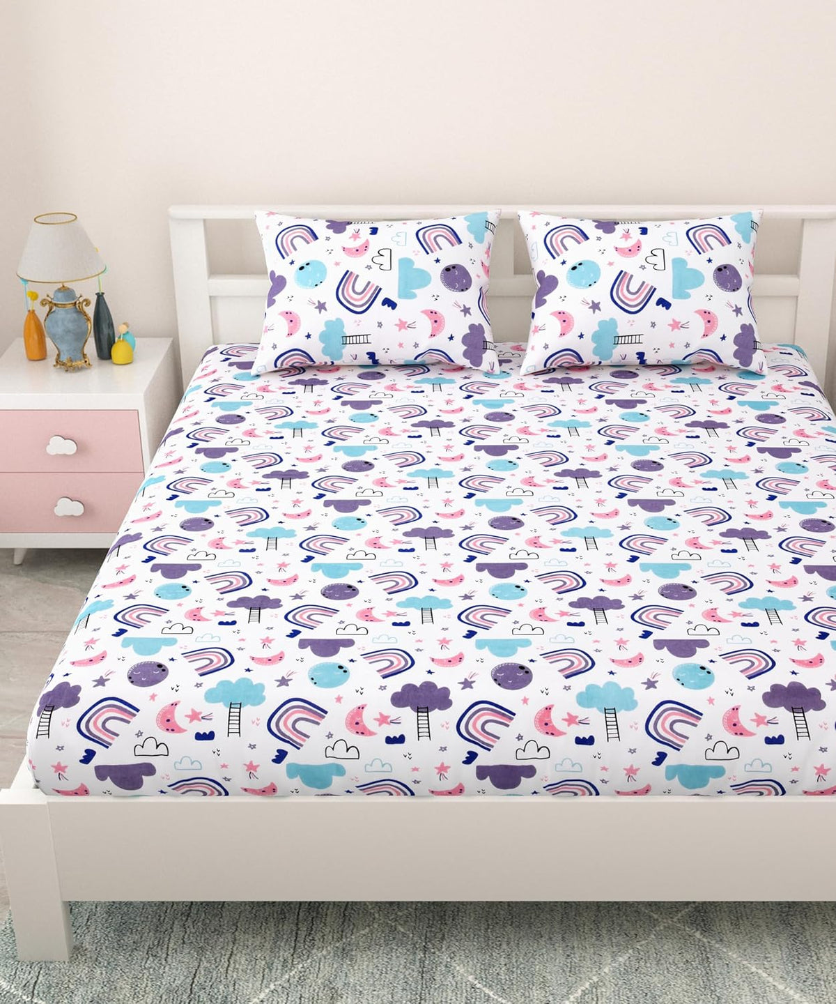 Pure Cotton Kids Bedsheet Double Bed Queen Size With 2 Pillow Covers | 90 X 100 Inches, White & Lavender | Fun Cartoon Theme, Soft & Breathable Fabric
