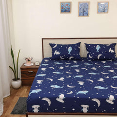 Microfiber Bed Sheet Kids Collection Soft & Cozy Bedding - Moonlit Sharks Pattern Bedsheet | Single Size – 68 X 90 Inch, Dark Blue Beautiful Moonlit Design
