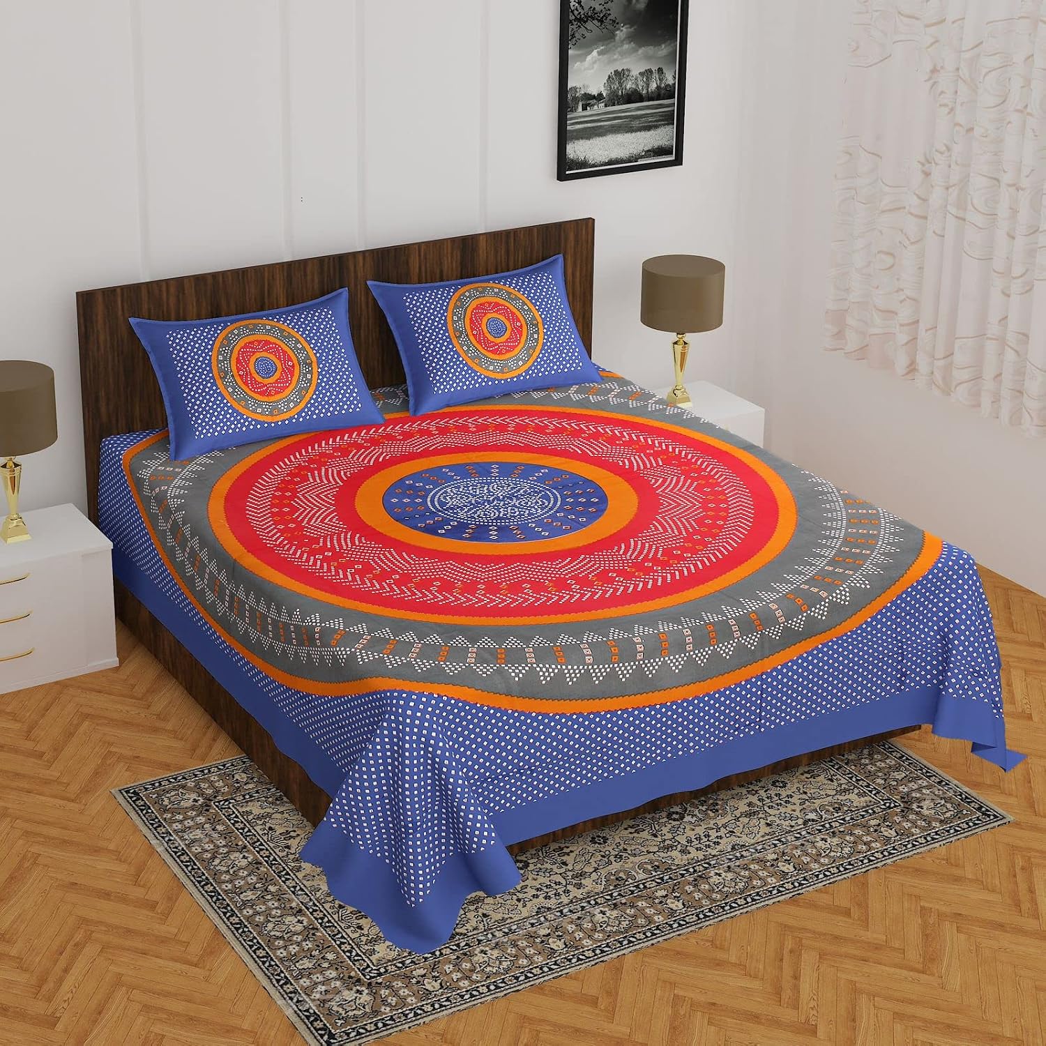 Pure 100% Cotton Double Bed Sheet With 2 Pillow Covers - 90 X 100 Inches, Blue & Red | Beautifully Handcrafted Jaipuri Bedsheets - Skin Friendly Fabric