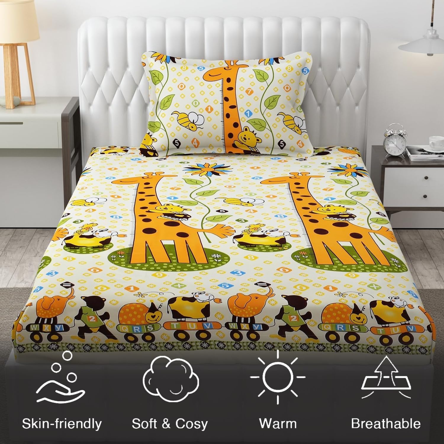 Cartoon Printed Single Bedsheet For Kids With One Pillow Cover - 60 X 90 Inches, Yellow | 300 Thread Count - Wrinkle Free Soft Perfect For Everyday Use