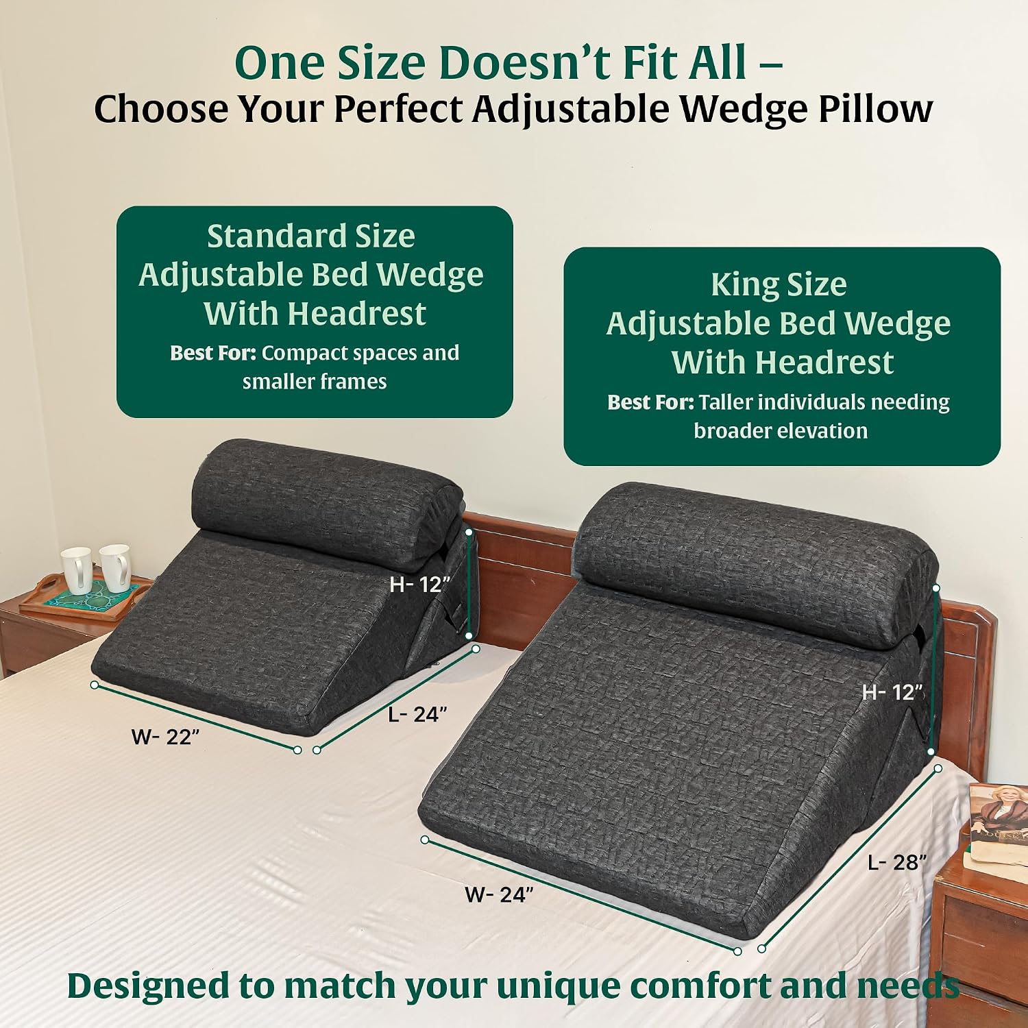 Wedge Pillow Memory Foam & High-Resilience Foam Pillow, Dark Grey, Standard Size - 12 Inch | Wedge Pillow For Back Support Acid Reflux | Wedge Cushion For Sitting, Leg Pillow, Adjustable