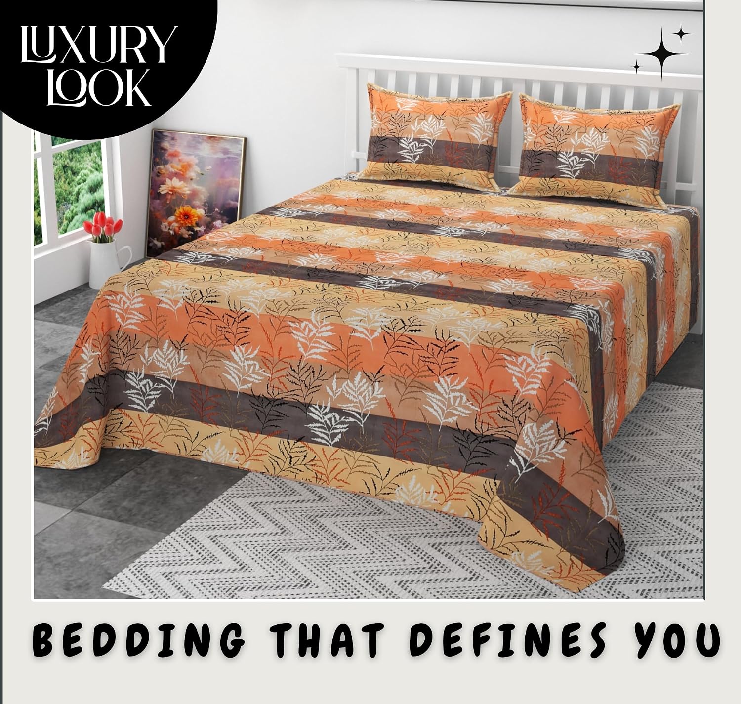 Pure Cotton Double Bed Bedsheet Set With 2 Pillow Covers - 90 X 90 Inches, Beige & Grey | Durable & Long-Lasting- Breathable & Lightweight Bedsheet