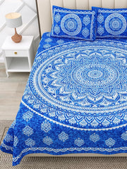 Pure 100% Cotton Double Bed Sheet With 2 Pillow Covers - 90 X 100 Inches, Blue & White | Beautifully Handcrafted Traditional Bedsheets - Skin Friendly Fabric