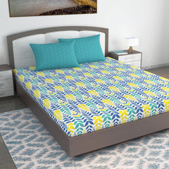 Cotton Extra Double Bedsheet For King Size With 2 Pillow Covers | 87 X 106 Inches, Blue & Yellow - Ideal For Home, Guest House, Hotel | Soft & Breathable Fabric