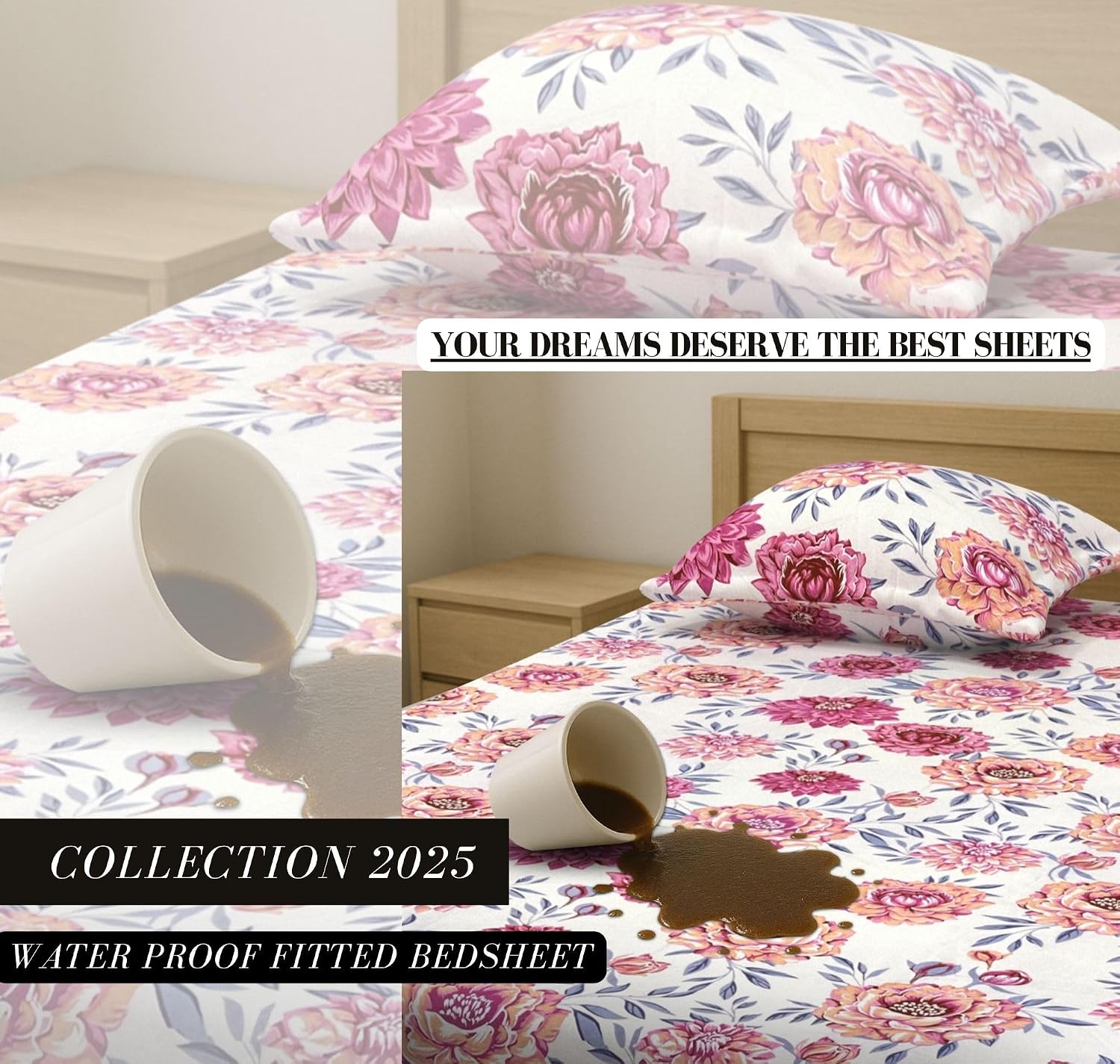 1 Double Bedsheet For King Size With 2 Pillow Covers - 78x72+10 Inches, Multicolor | Leakproof, Dustproof & Skin-Friendly - All Round Elastic Fitted Bedsheet