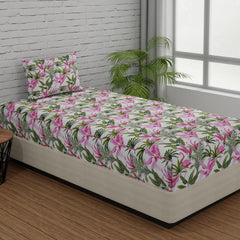 Single Bedsheets With 1 Pillow Cover - 55 X 88 Inches, Flamingo Pink & Green | Soft & Breathable Fabric | Comfortable For Daily Use
