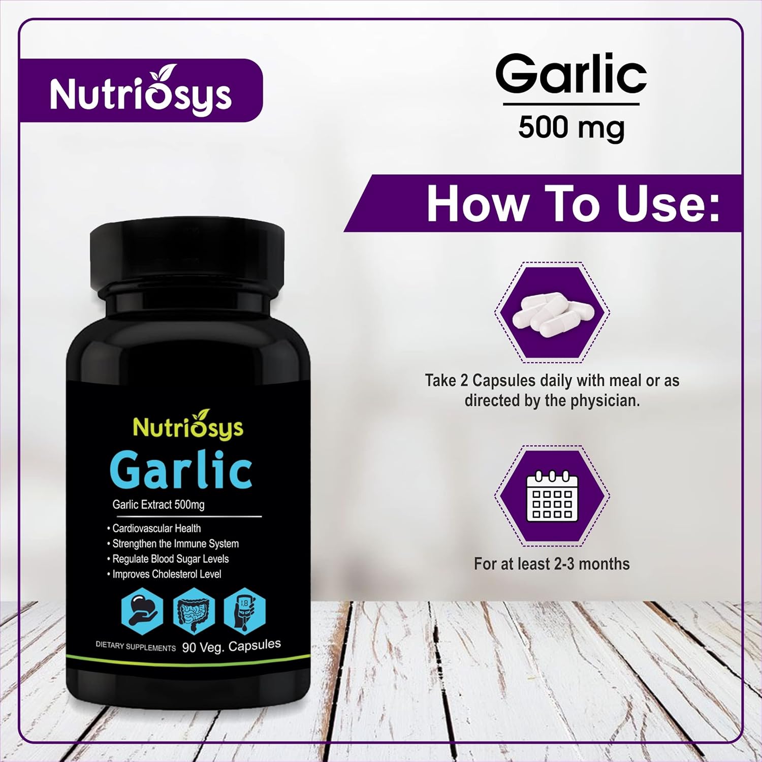 Nutriosys Garlic 500mg For Heart Health, Cholesterol Management & Weight Loss, Strengthen The Immune System | 90 Capsules 100gm 0.2lbs