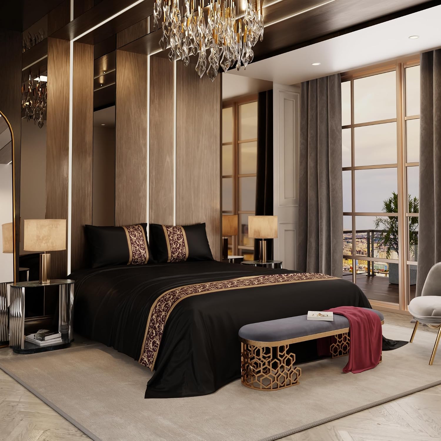Bedsheet For Super King Size Bed With 2 Matching Pillow Cover - 108 X 108 Inches, Black & Gold | Ideal For Healthy Skin & Hair | 100% Premium Fabric Is Lightweight, Soft & Comfortable
