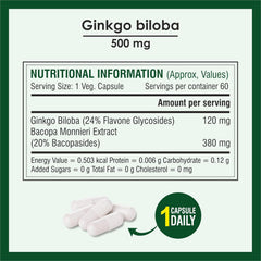 Biotrex Nutraceuticals Ginkgo Biloba With Brahmi 500mg, Supports Memory & Better Concentration, Healthy Blood Circulation, 24% Flavone Glycosides | 60 Veg Capsules 100gm 0.2lbs