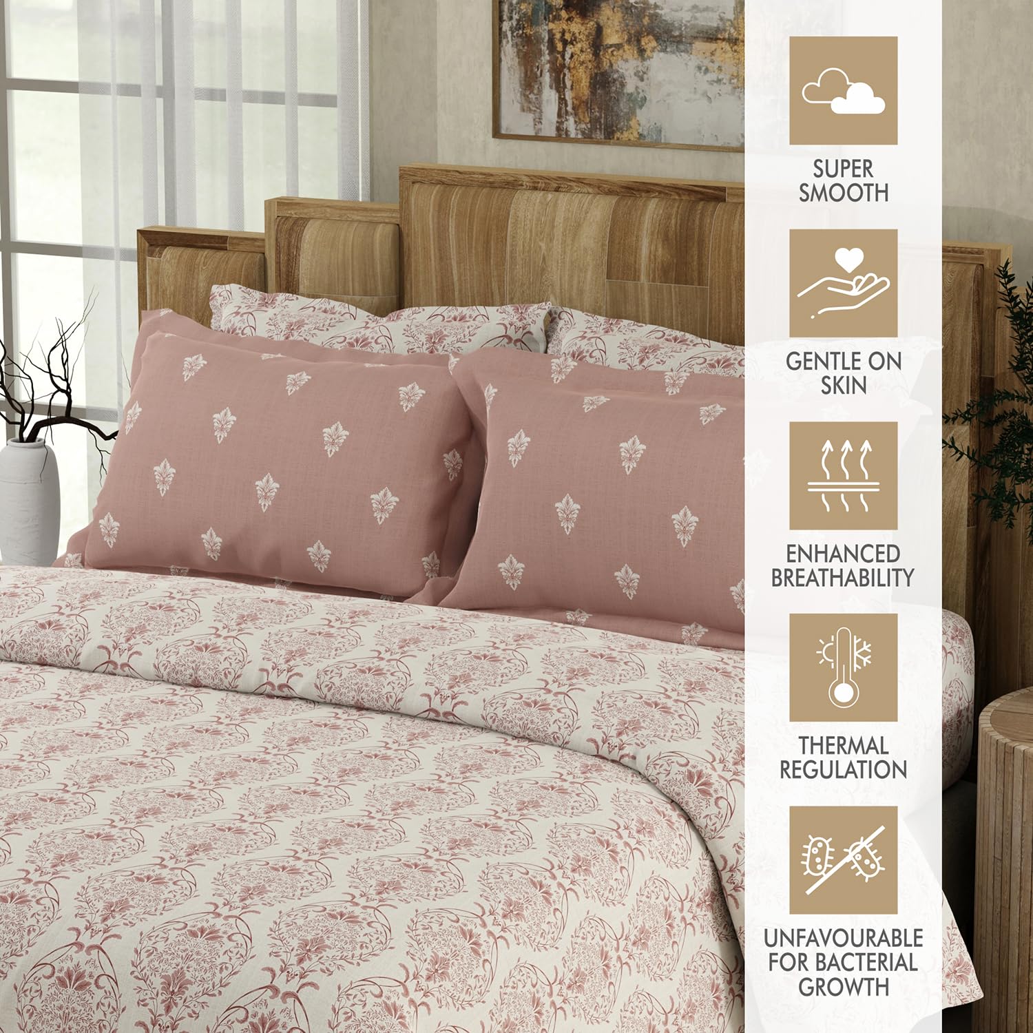 Printed Cotton Bedsheet Set With 4 Pillow Covers - 108x108 Inches, Pink & White | Ideal For Resorts, Guest Houses, & Daily Home Use-King Size Double Bed