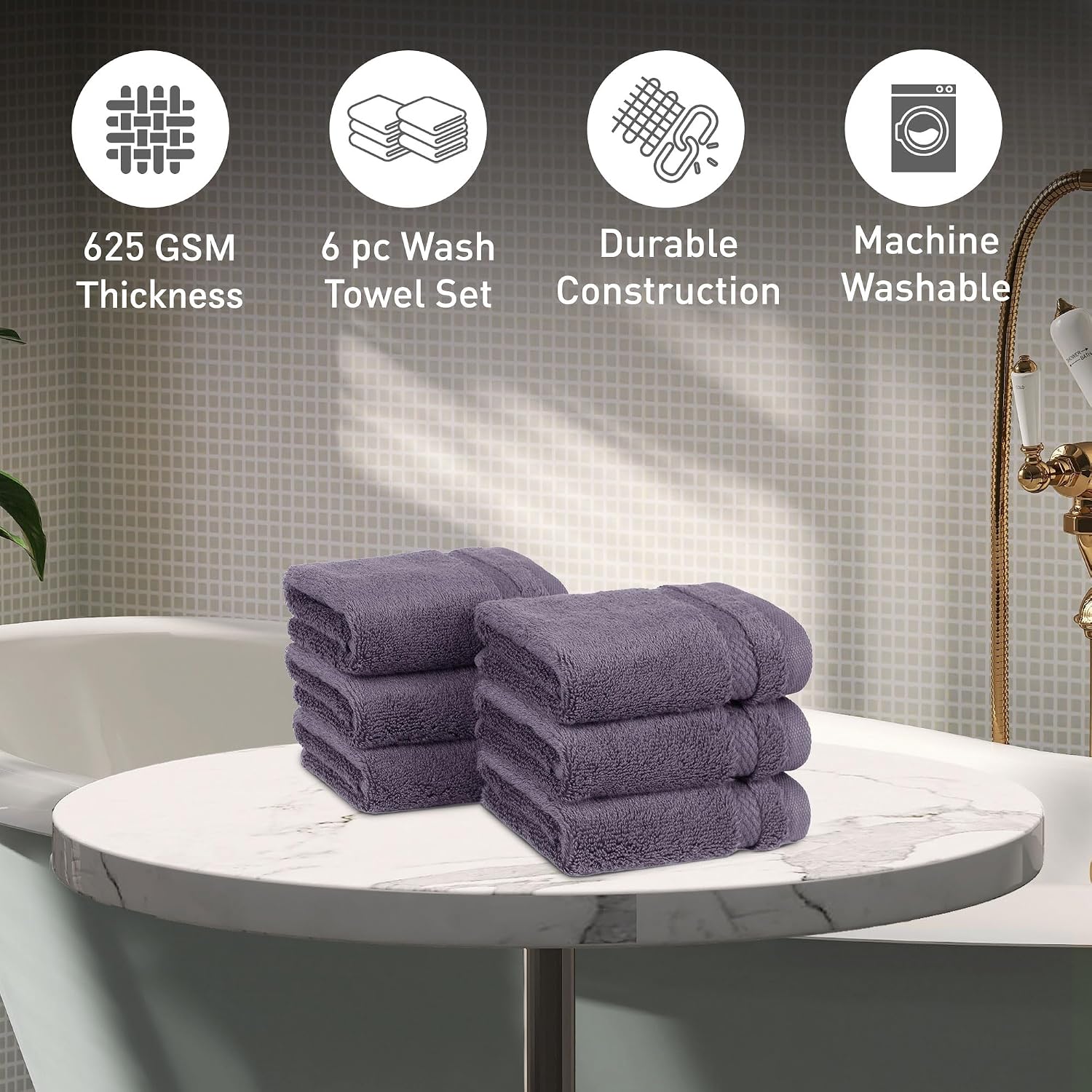 Mytrident Finesse 100% Cotton Face Towels 1200 Gsm (Purple) -6 Piece