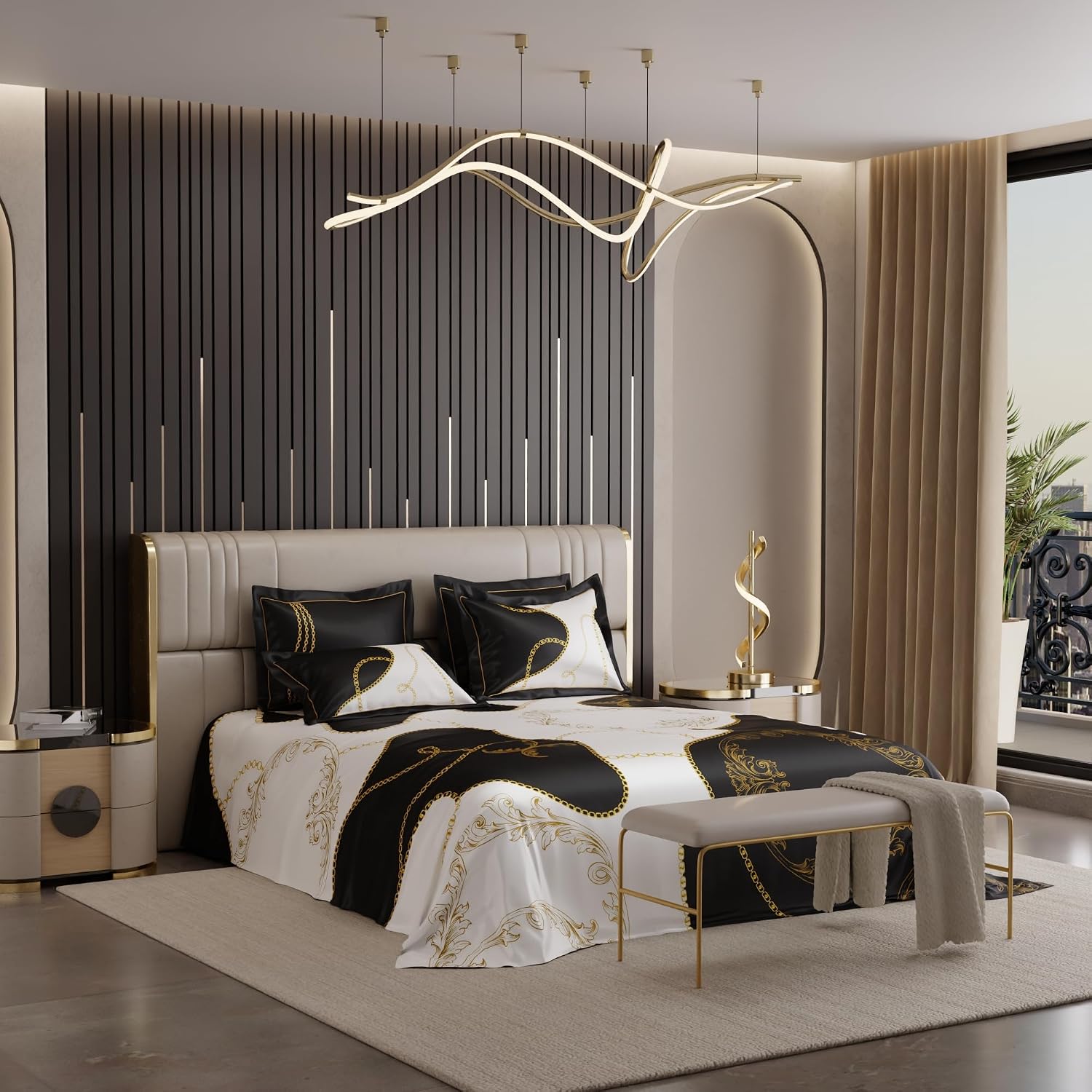 Bedding Set 1 Bedsheet King Size With 4 Pillow Cover - 108 X 108 Inches, Deep Black & White | Wedding, Bedroom, Date Night Collection | 300 Thread Count