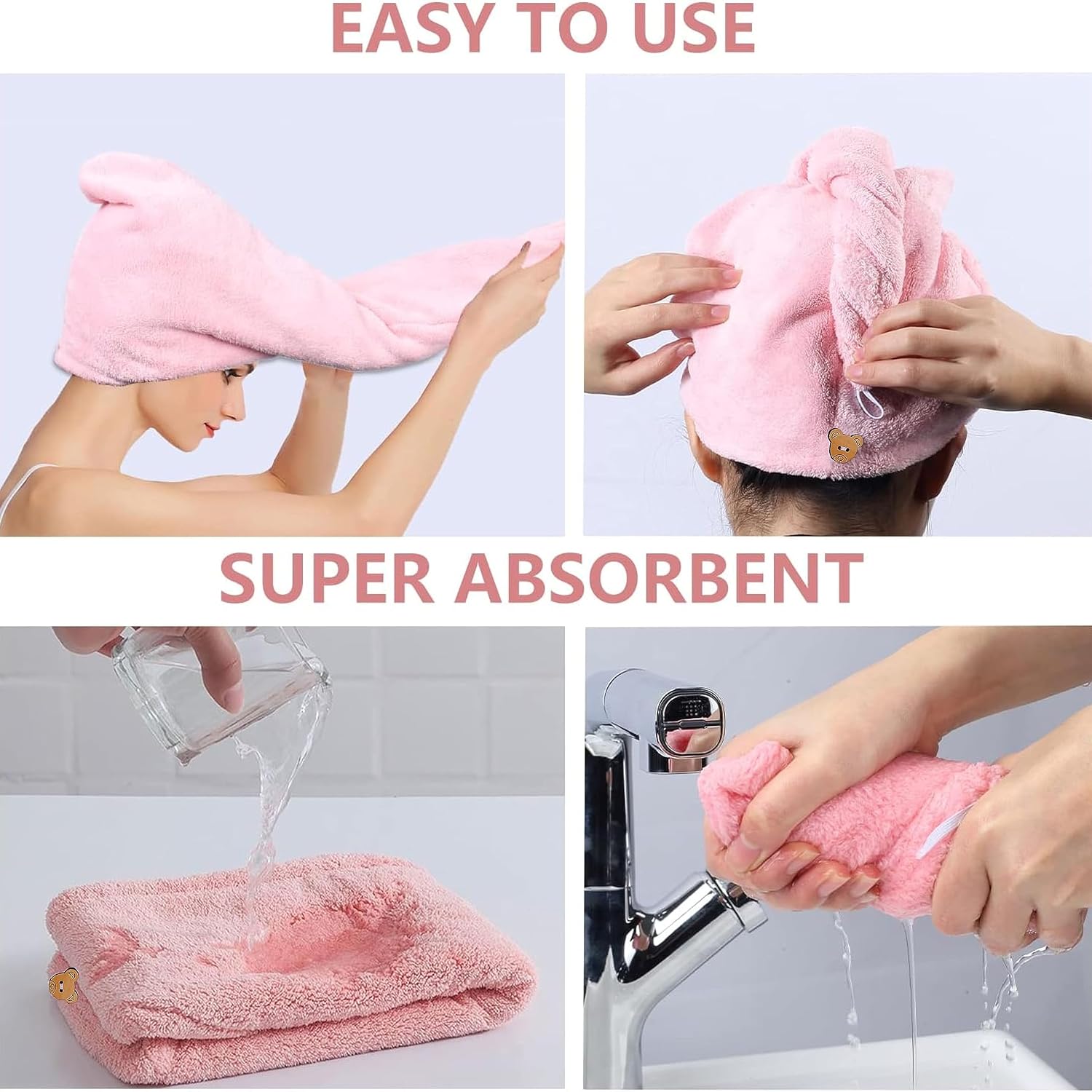 Maxoshine Hair Towel Wrap For Women-Quick Drying Microfiber Towel For Hair With Elastic Loop For Tying-Super Absorbent Head Towels (Pack Of 2-Grey & Pink)