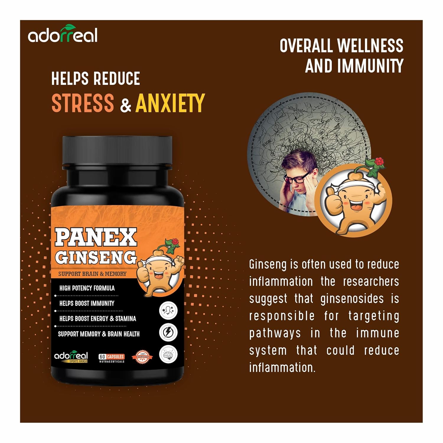 Adorreal Panex Ginseng High Potency Formula, Supports Brain & Memory, Boosts Immunity & Energy | 60 Capsules 100gm 0.2lbs