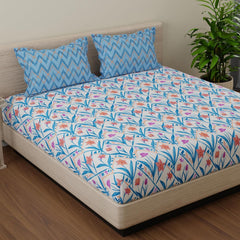 Double Bedsheet For Queen Size With 2 Pillow Covers - 88 X 96 Inches, Blue & Yellow | Beautiful Print For Luxury Bedsheets