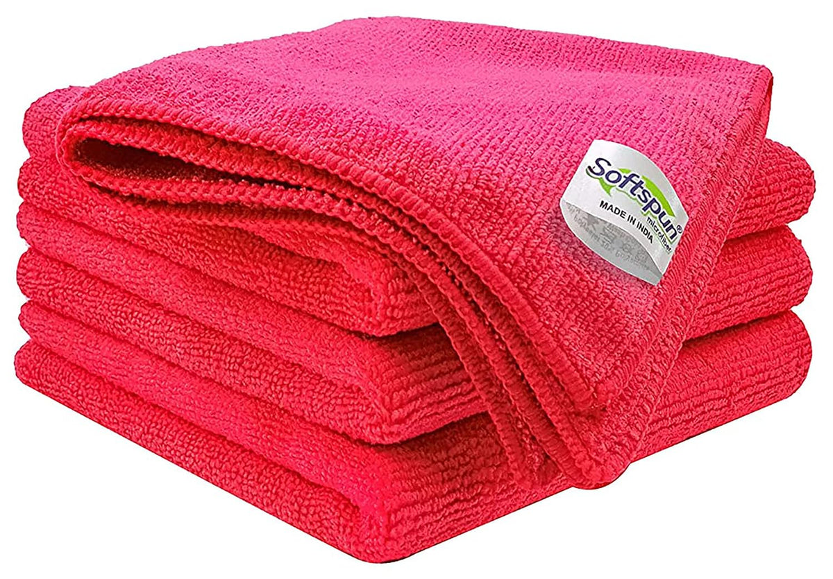 Softspun Microfiber Cloth 340 Gsm | Super Soft Absorbent Cleaning Towels Cleans & Polishes Everything In Your Home - Pack Of 4 (Red)