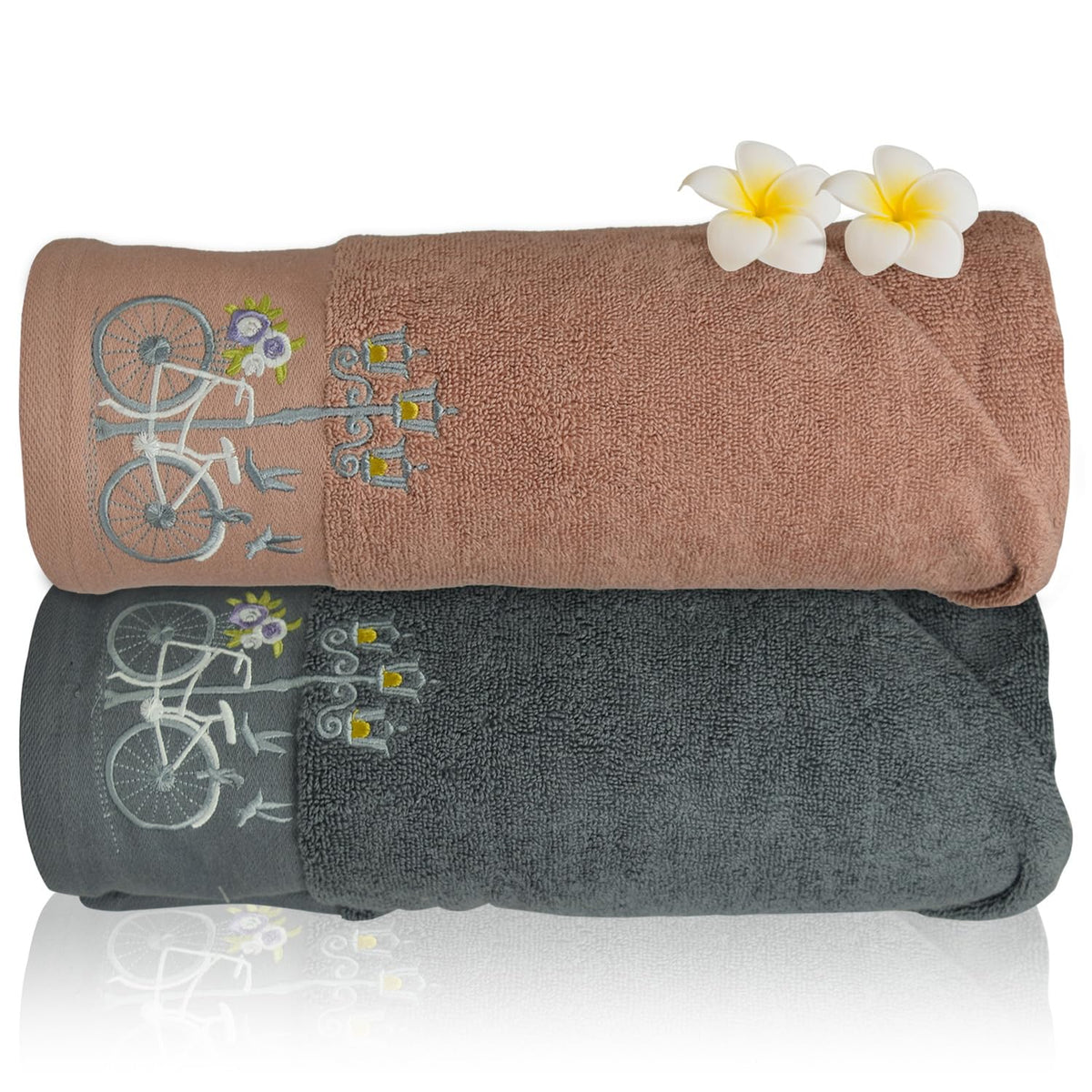 Rangoli 100% Cotton Martin Bath Towels 1000 Gsm | Quick Dry, Ultra Soft, Highly Absorbent Printed Bath Towel - Peach & Grey (Set Of 2)