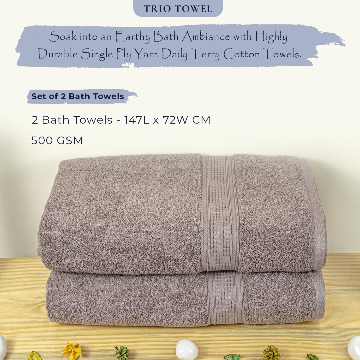 Rangoli 100% Cotton Fibre Bath Towel 1000 Gsm | Highly Durable & Super Absorbent Towel | Skin-Friendly & Quick Drying Luxury Towels (Ash Brown) - Pack Of 2