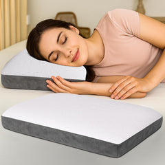 Orthopedic Flat Memory Foam Pillow For Sleeping, White Pillow - 21x15x5 Inch | Neck & Shoulder Pain Relief, Ergonomic Support With Removable Zipper White & Grey Jacquard Cover - 1 Piece