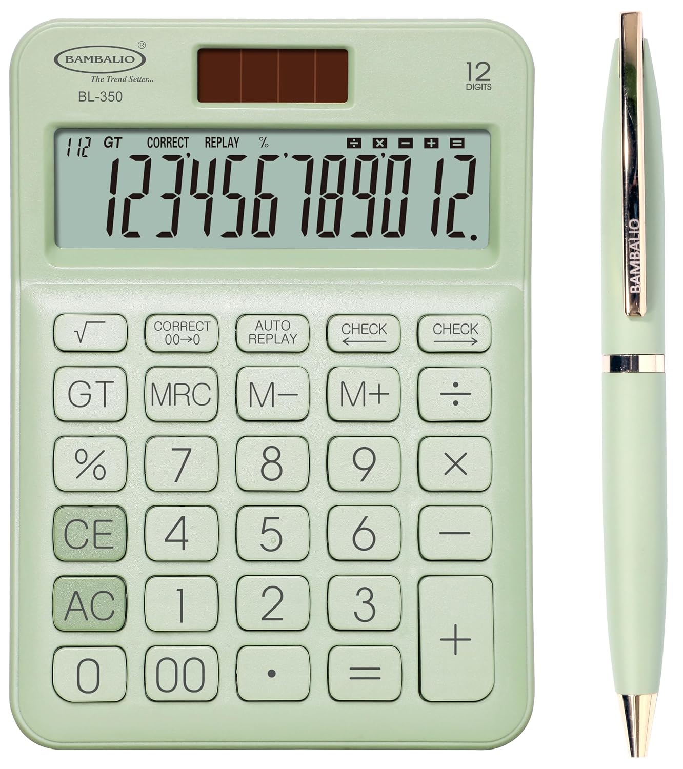 Bambalio Set Of Elegant Calculator & Pen Green | 12 Digits-large LC Display ,112 Steps Check And Correct | 3 Years Warranty - For Use School, Office, Study, Travel, Daily Use