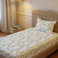 Printed Bedsheet For Single Bed With 1 Pillow Cover (Size 58 X 90 Inches) White & Blue | Bedding Set Is Beautifully Coordinated | Breathable, Lightweight & Easy To Maintain