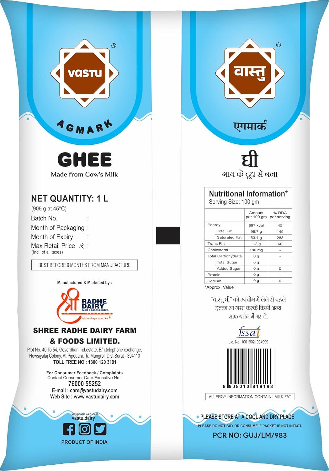 Premium Natural Agmark Desi Ghee By Vastu Ghee | High In Protein Fiber Healthy Desi Pure Ghee Good For Weight Loss | (1 Litr) 33.8 Ounce | Pouch Pack