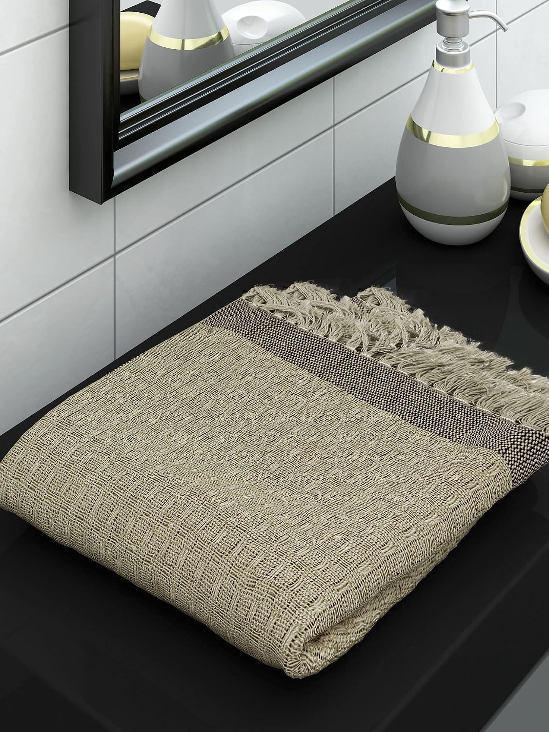 Athom Living Premium Cotton Light Weight Quick-Dry High Absorbent Cotton Bath Towel 250 Gsm, (Waffle Beige)