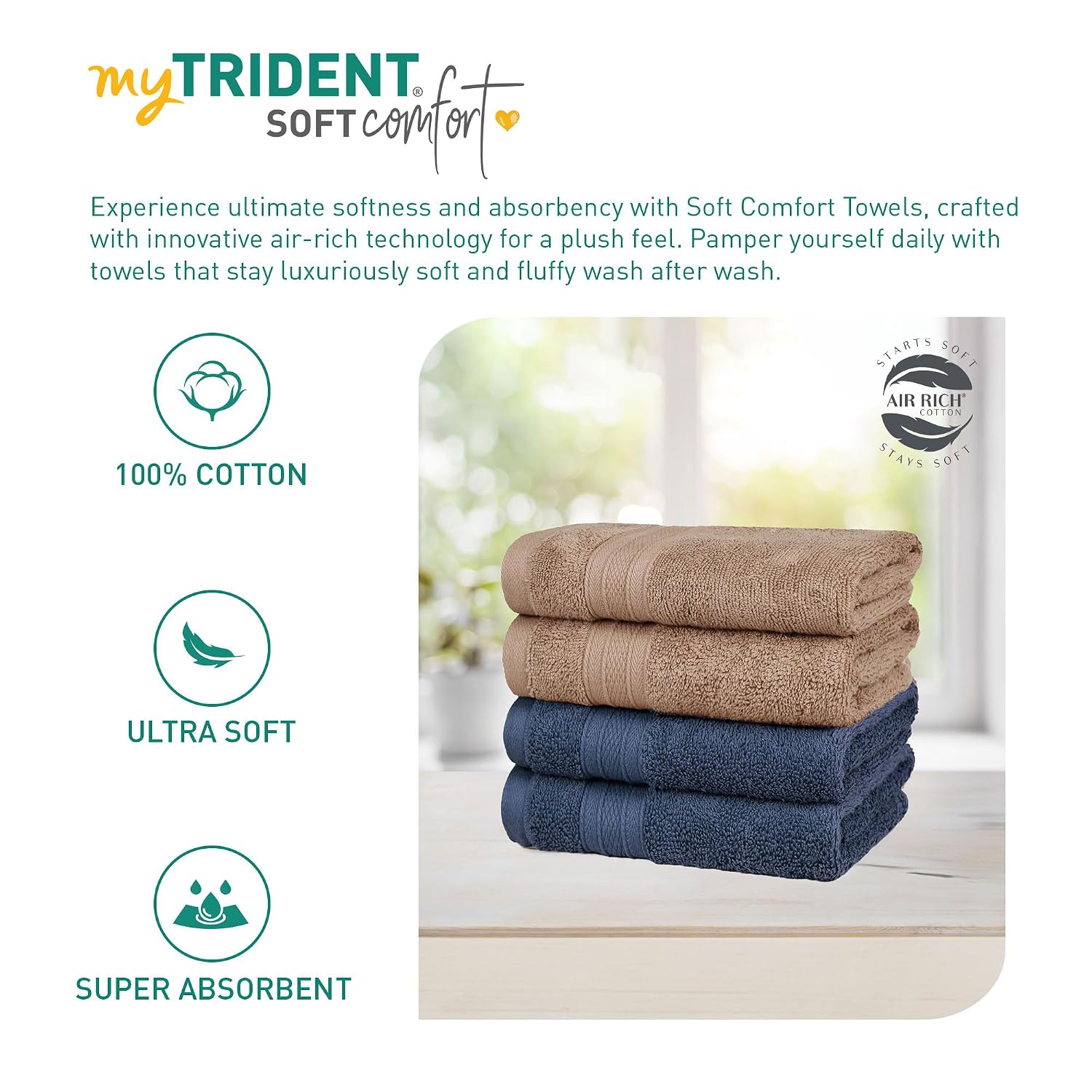 Mytrident Soft Comfort Air Rich 100% Cotton Hand Towel 800 Gsm | Highly Absorbent Towels For Men & Women Hand Towel (Acorn & Navy) - 4 Pcs