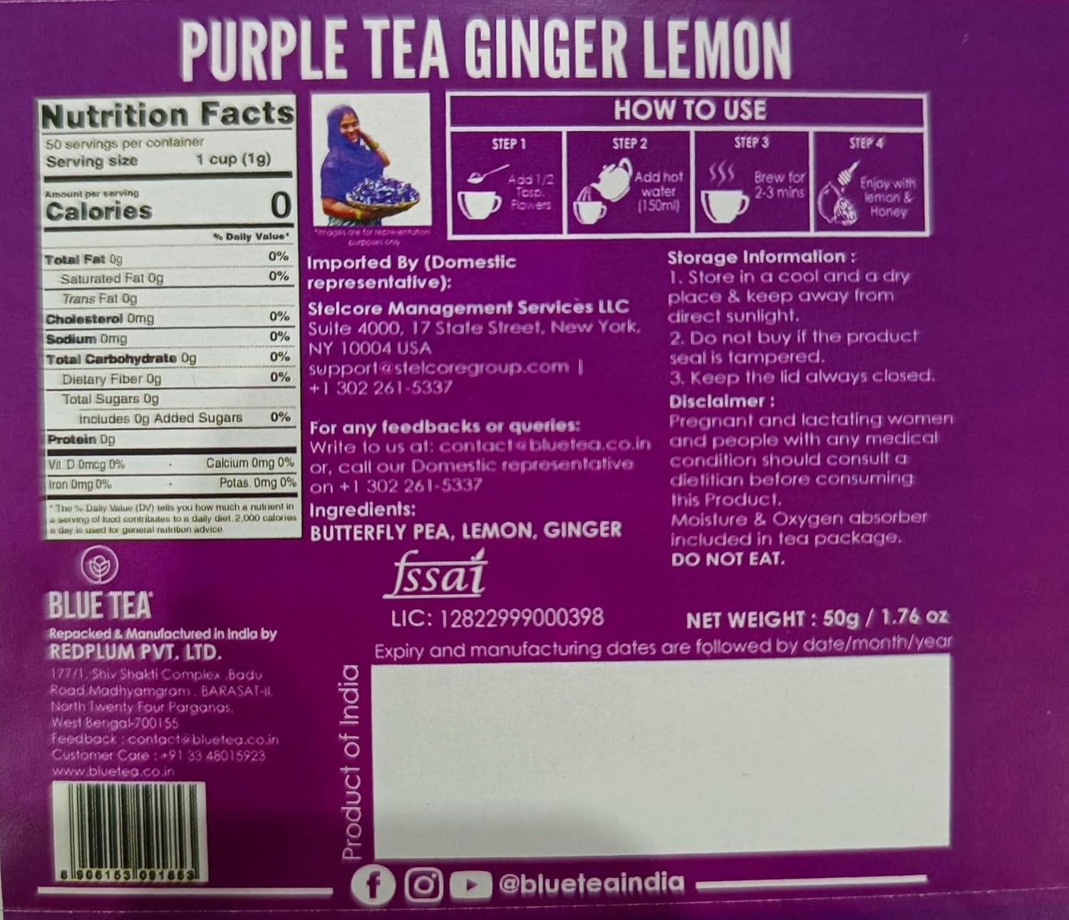 Blue Tea Combo Pack Of 2 X 50gm, 1.7 Ounce Each, 100 Cups - Purple Tea With Ginger & Lemon + Indian Masala Chai | Antioxidant Rich - Caffeine Free, Gluten Free, Non GMO | Tin Packaging