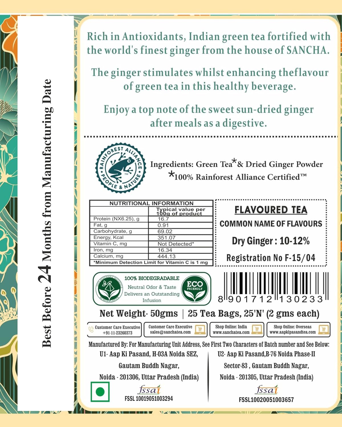 San-Cha Ginger Green Tea - 25 Silky Tea Bags | Sweet Zingy & Refreshing Detox Tea - Environment Friendly & Made In Corn Fiber | Low Caffeine, Low Bitterness