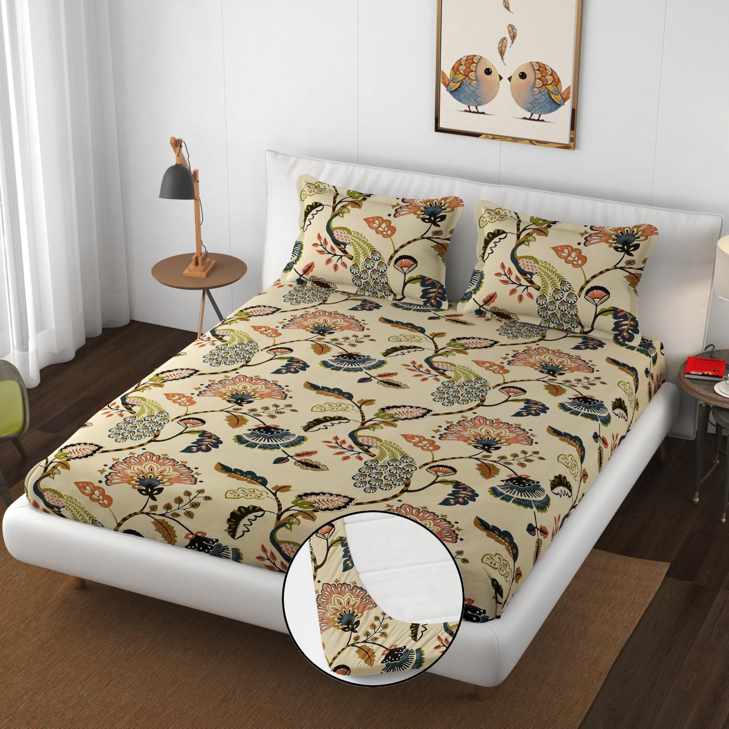 Heavy Cotton Elastic Fitted Bedsheet For King Size With 2 Matching Pillow Covers - 72 X 78 X 10 Inch, Beige | Super Soft Breathable & Wrinkle Free