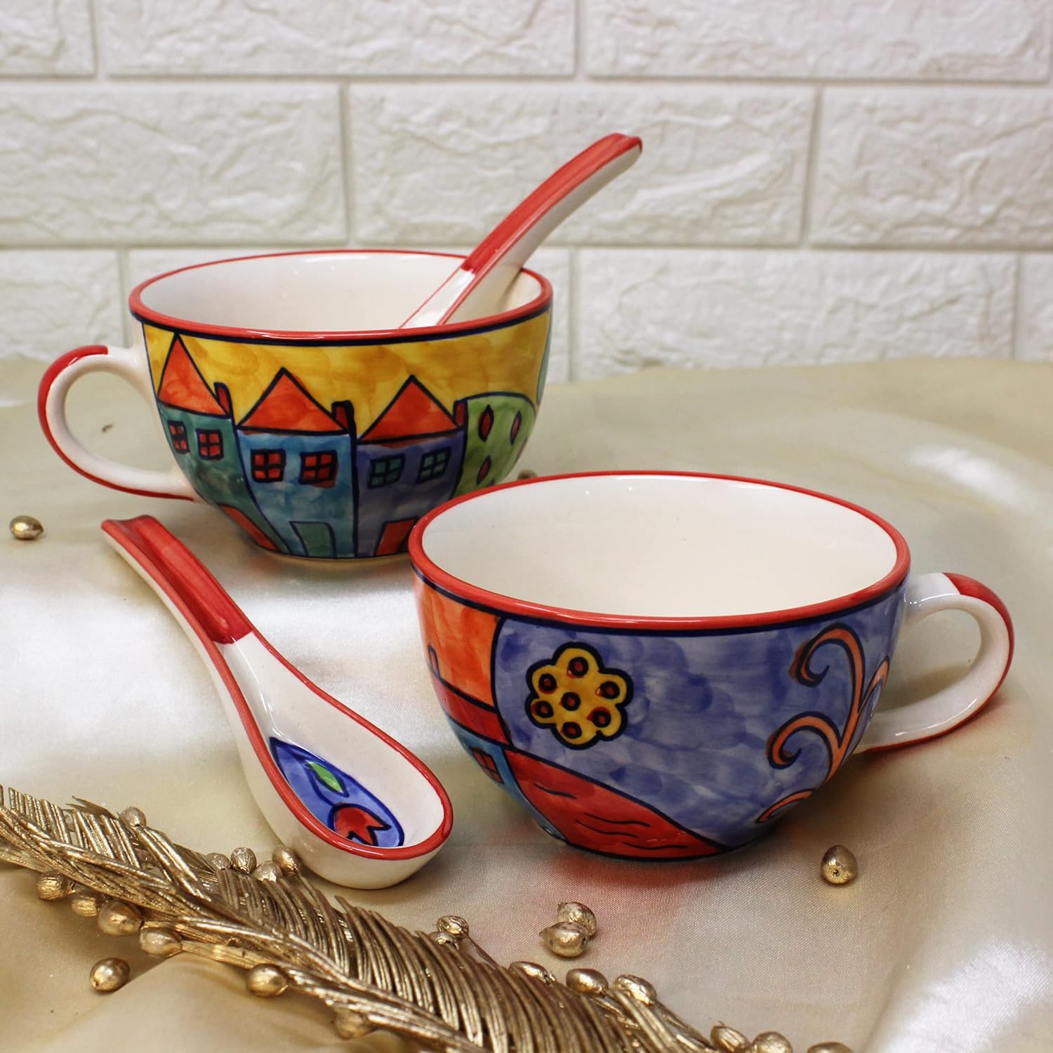 Exotic Panorama Hand Painted Handled Ceramic Soup Bowls With Spoons Set Of 2 - 300ml Each, Multicolor | Serving Bowls With Matching Spoons | Ceramic Soup Cups - Microwave Safe & Dishwasher Safe