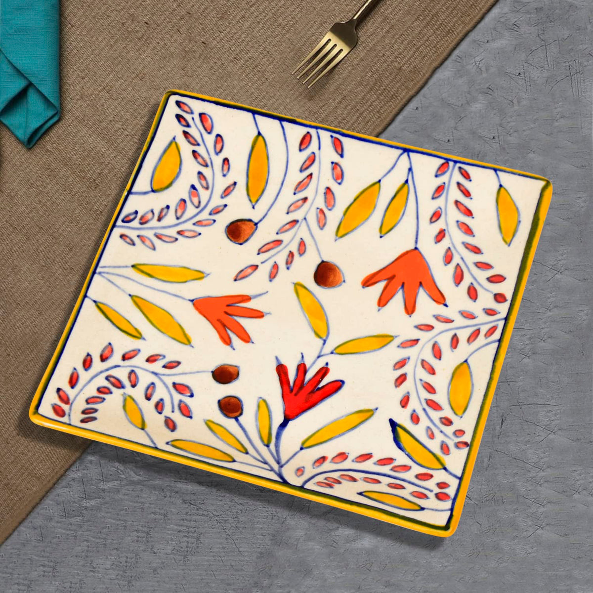 Premium Hand Painted In Traditional Design Ceramic Square Platter - Multicolor, L X B – 18 Cm X 18 Cm | Starter Serving Tray