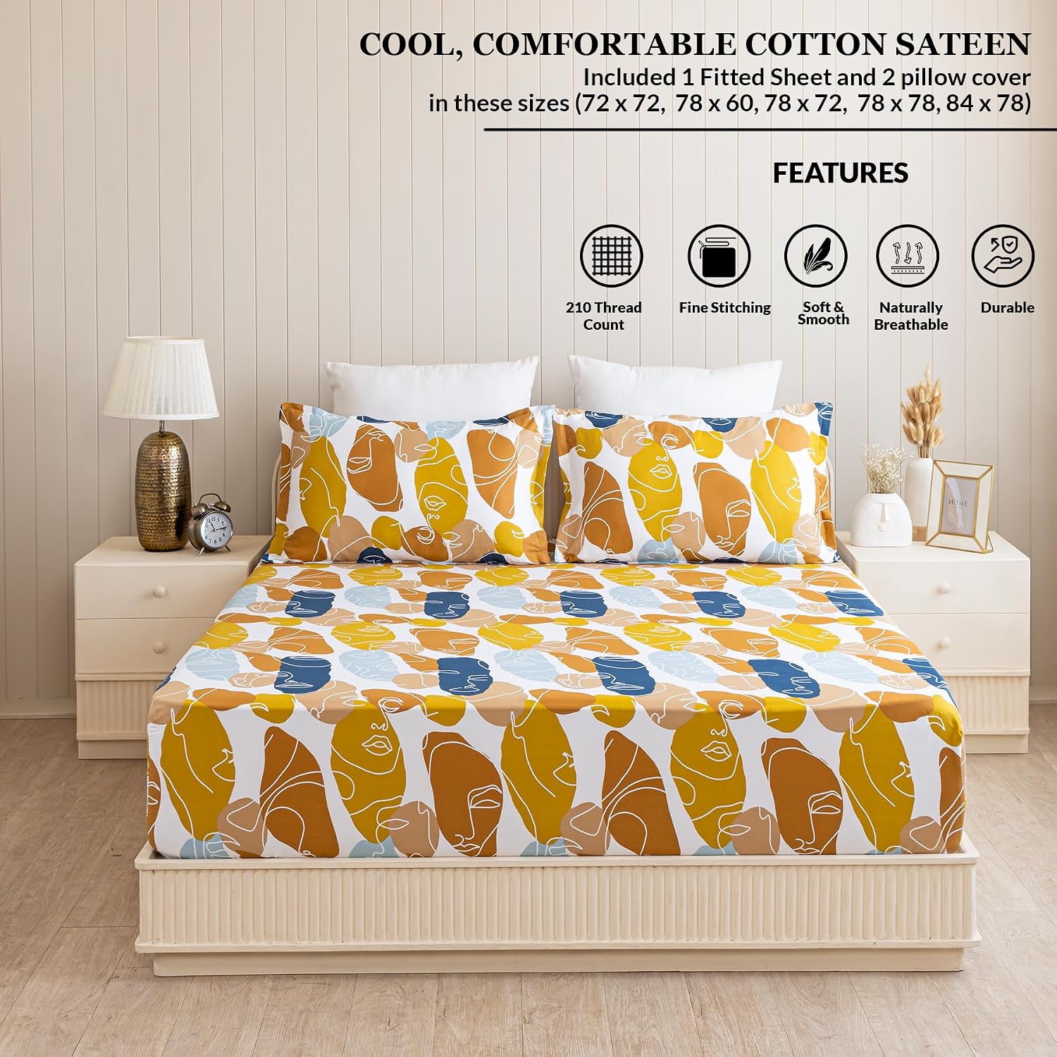 King Size Bedsheet With Two Matching Pillow Cover - 78 X 78 Inches, Brown & White | All Around Elastic Fitted Bedsheet | Wrinkle Free
