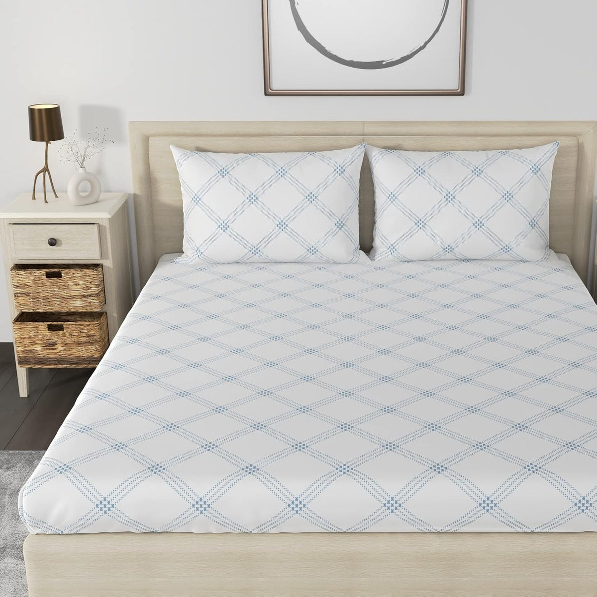 Premium Cotton Bedsheet For Double Bed King Size With 2 Pillow Covers - (108 X 108 Inches) White (Blue Pattern) | Ideal For All Season Comfortable Bedsheet