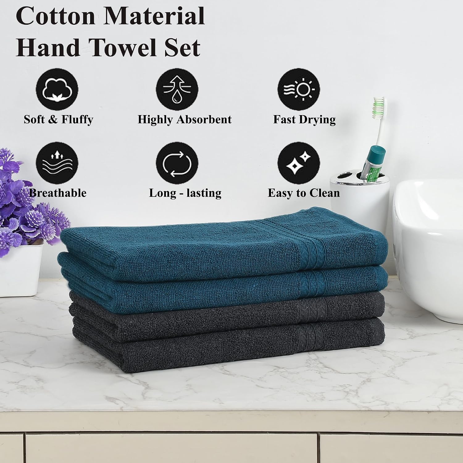 Fresh From Loom Luxury Fur Collection Hand Towel 500 Gsm Napkins Cotton High Absorbency Double Stitched Size (Black & Denim) - Set Of 4