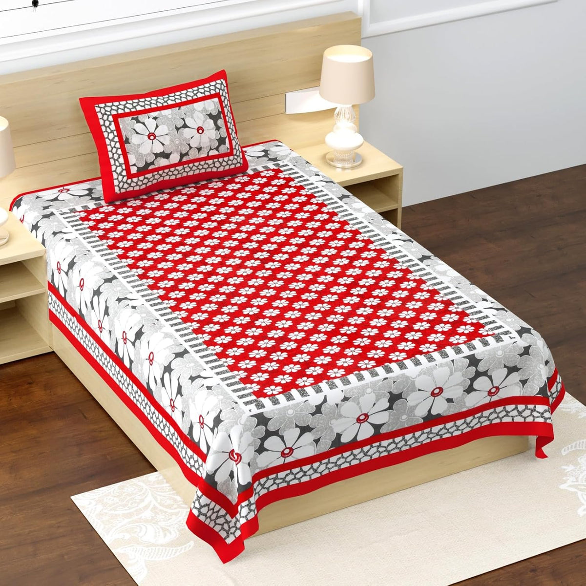 100% Cotton Single Bed Sheet With 1 Pillow Cover - 56 X 86 Inches, Grey & Red | Super Soft Microfiber, Breathable Wrinkle, Fade Resistant