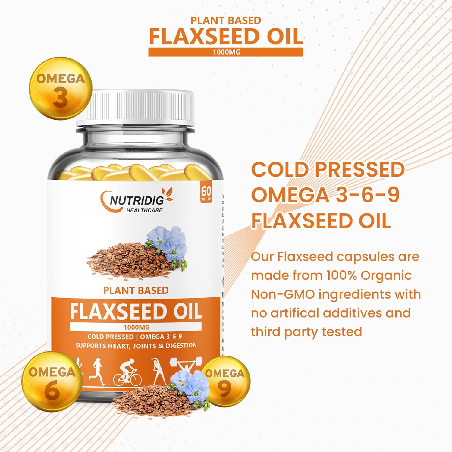 Nutrdig Healthcare 1000mg Flaxseed Oil Softgel Capsules With Omega 3 6 9 For Joint, Heart, Skin & Metabolism | 60 Softgels For Men & Women 100gm 0.2lbs