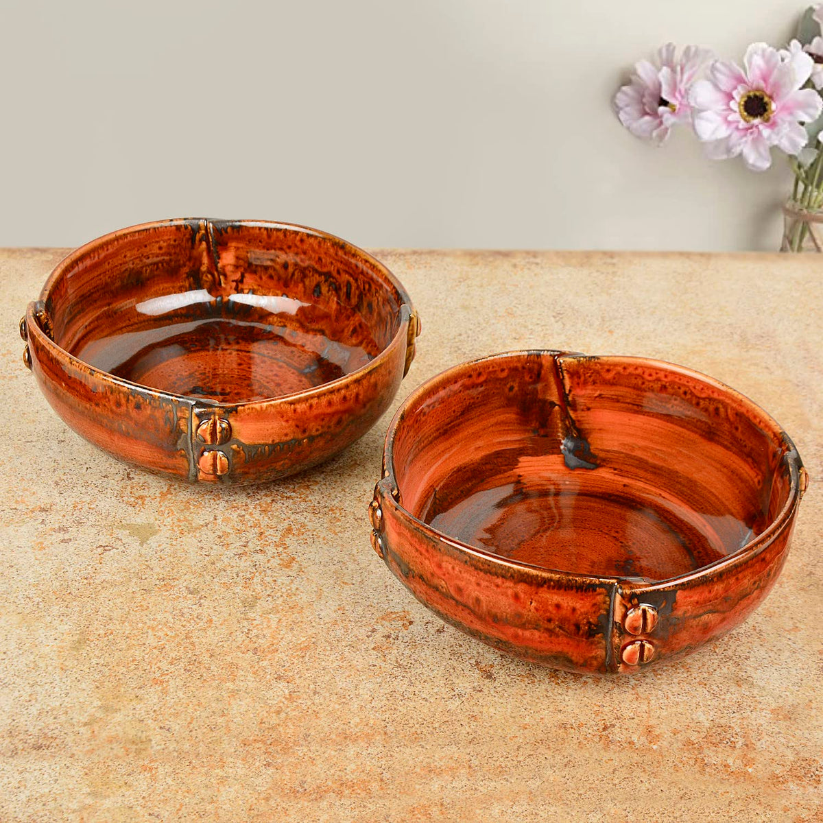 Studio Pottery Hand Glazed Ceramic Serving Bowls Set Of 2 - Brown, Diameter – 17 Cm, 800ml Each | Snacks Serving Bowls - Salad & Pasta Serving Bowls