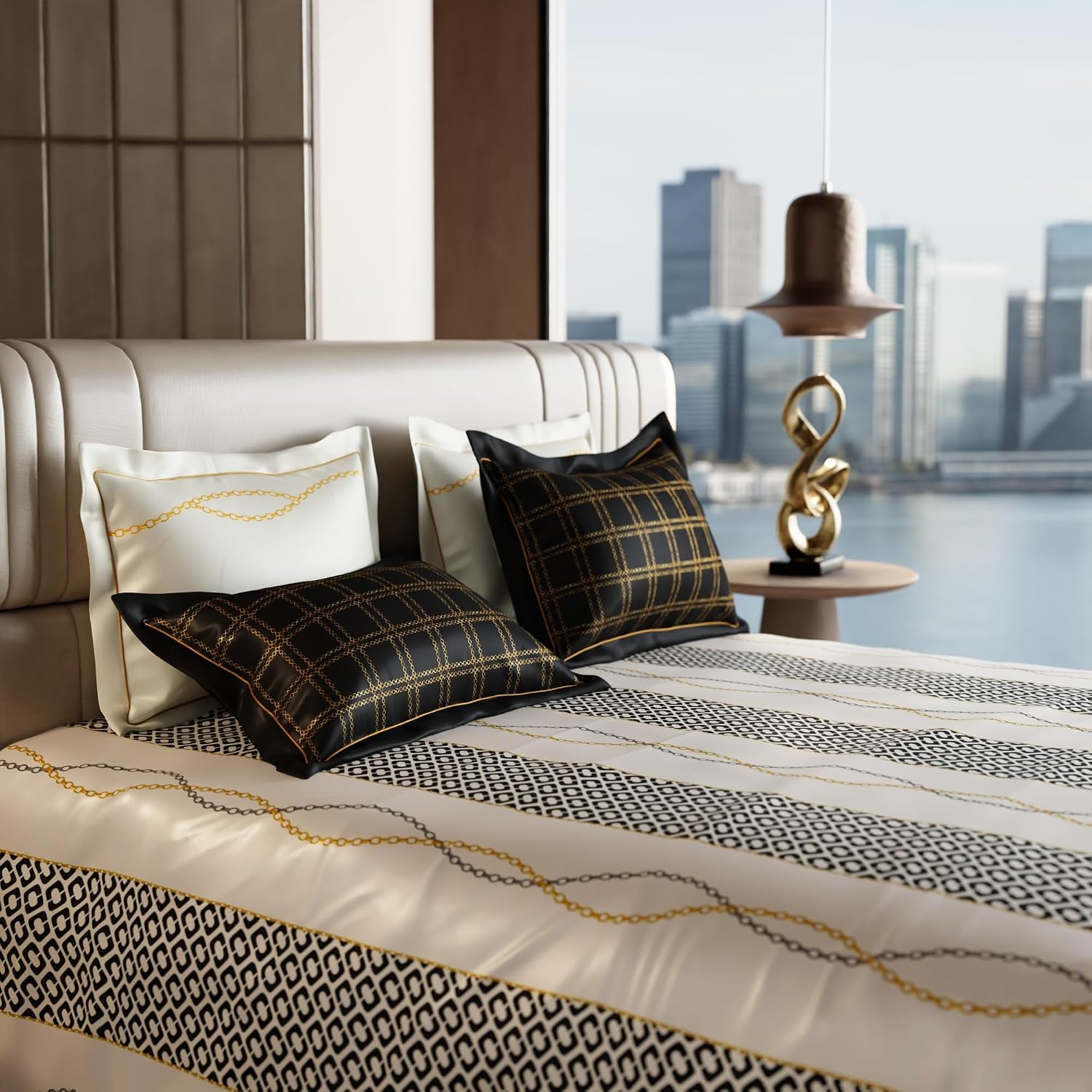 Bedding Set 1 Bedsheet King Size With 4 Pillow Cover - 108 X 108 Inches, White & Deep Black | Wedding, Bedroom, Date Night Collection | 300 Thread Count