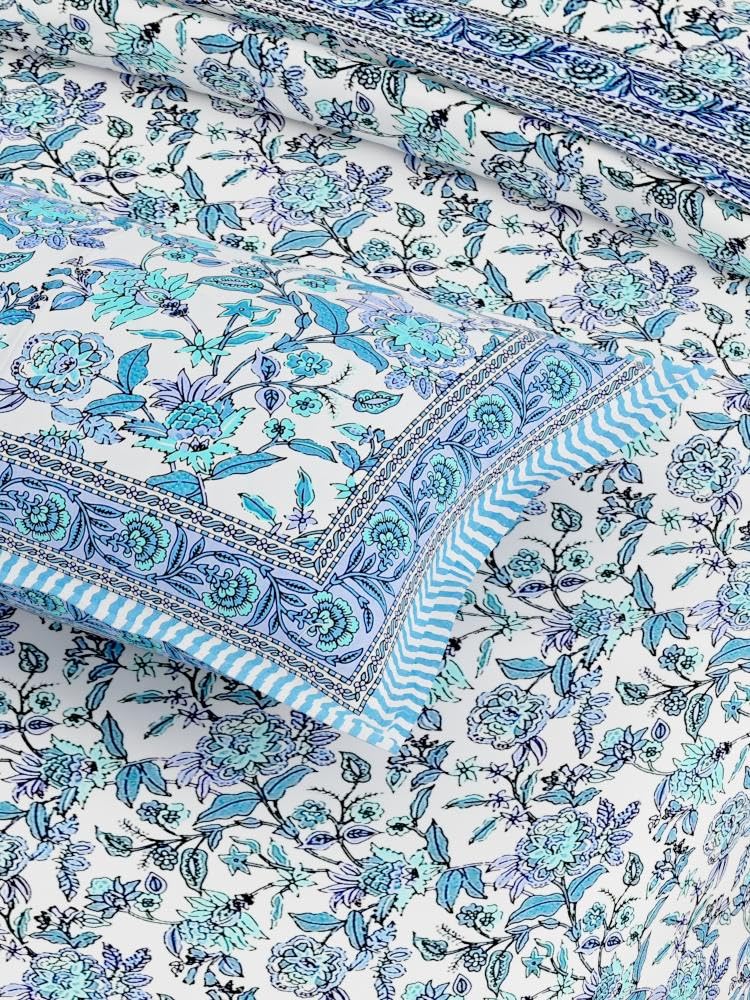 Traditional Rajasthani Design Bedsheet With 2 Pillow Covers - 90 X 108 Inches, Aqua & White | Color Fade Resistant & Shrinkage Resistant For All-Season Use