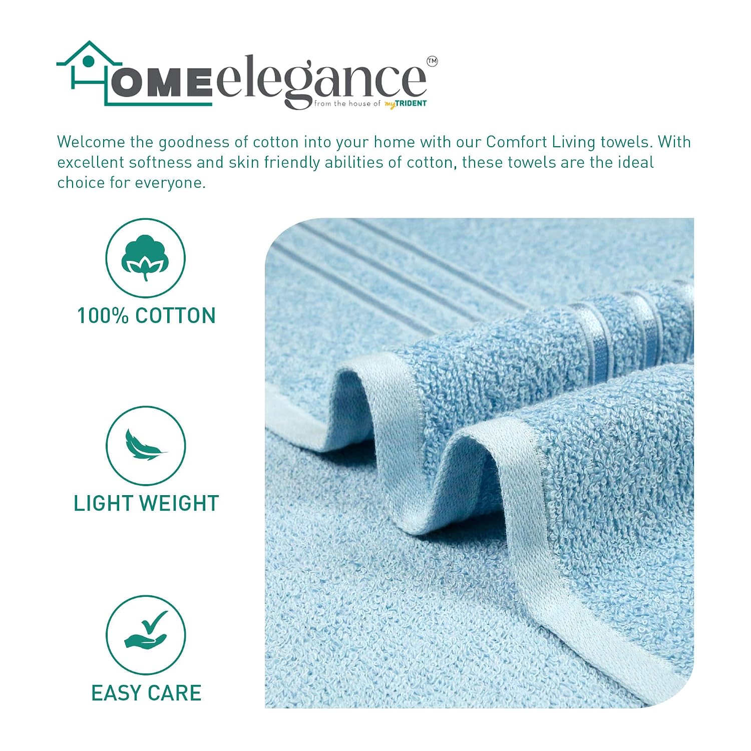 Home Elegance 100% Cotton Comfort Living Bath Towel 400 Gsm (Cool Blue)- Pack Of 1