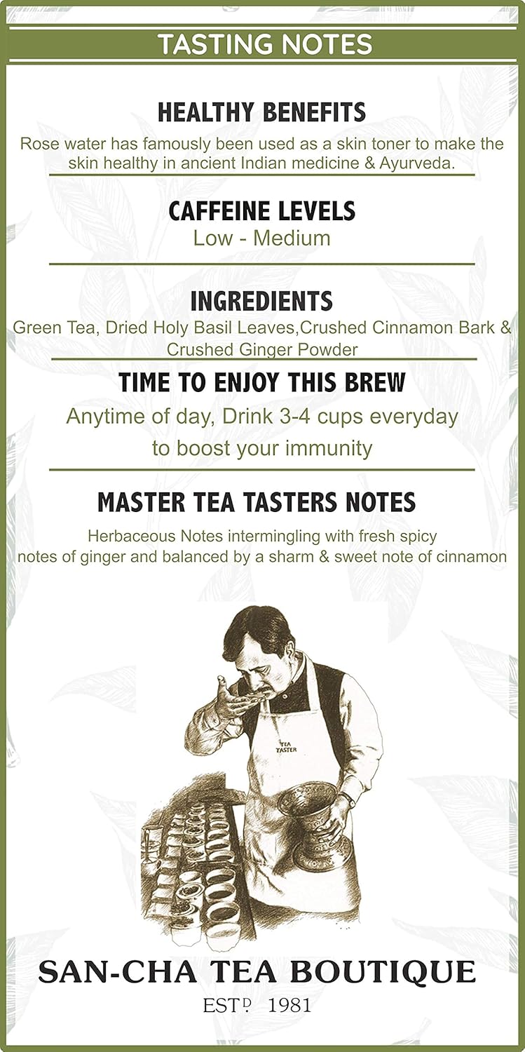 San-Cha Yoga Green Tea With Tulsi - 100gm, 3.5 Ounce | Holy Basil Detox Tea - Boosts Metabolism | Low Bitterness, Low Caffeine