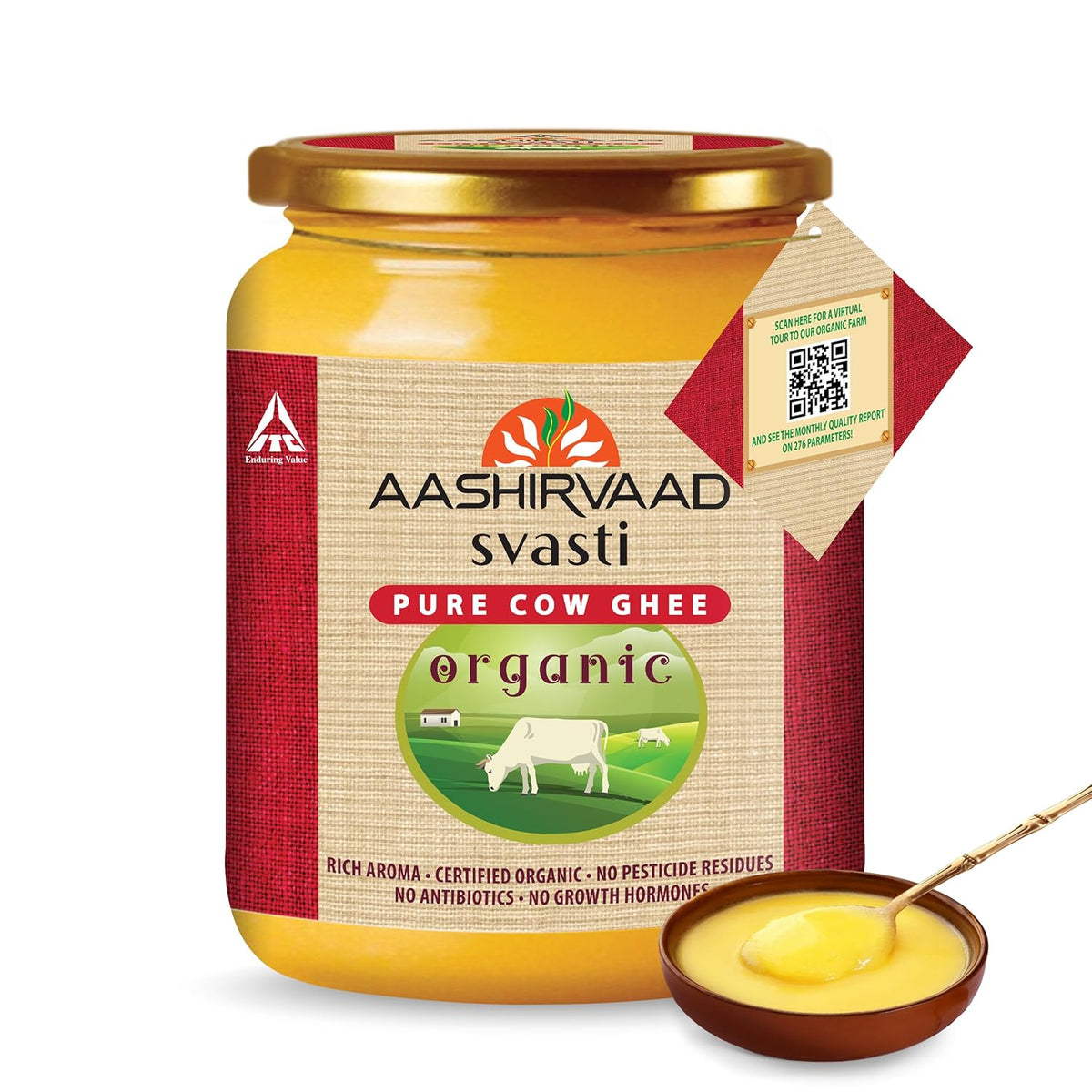Pure Organic Svasti Desi Cow Ghee By Aashirvaad | Naturally & Healthy Protein Fiber Desi Ghee Perfect For Hair | (500ml) 33.8 Ounce | Jar Pack