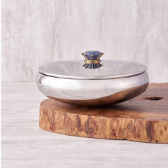 Silver Stainless Steel Bowl With Lid - Large, Royal Lapiz Series | Storing & Serving Bowl - Lapis Lazuli Stone Lid | Serve Ware, Dinnerware & Tableware