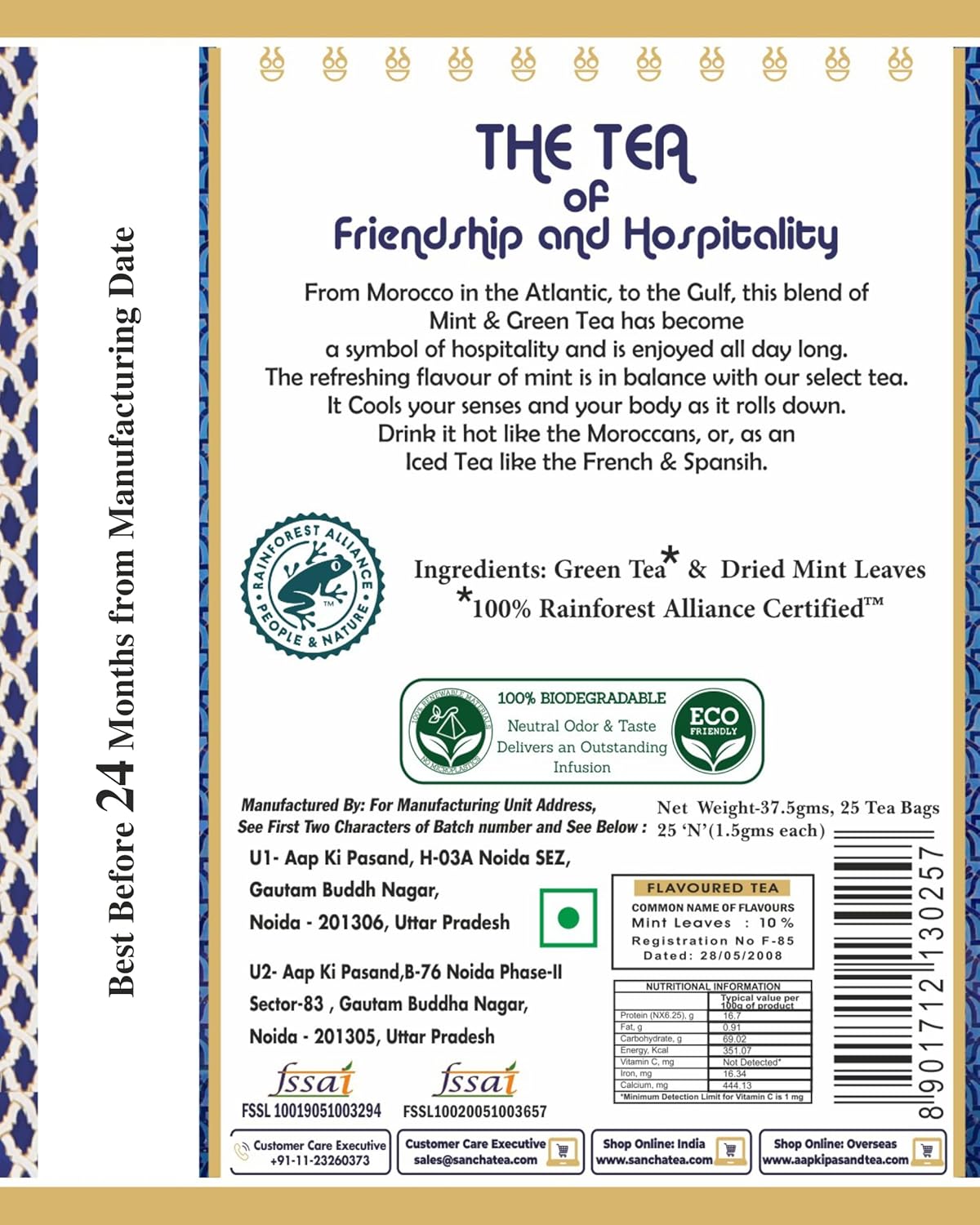San-Cha Moroccan Mint Green Tea - 25 Tea Bags | Herbal Tea For PCOS & PCOD - Low Bitterness, Zero Calories, Low Caffeine