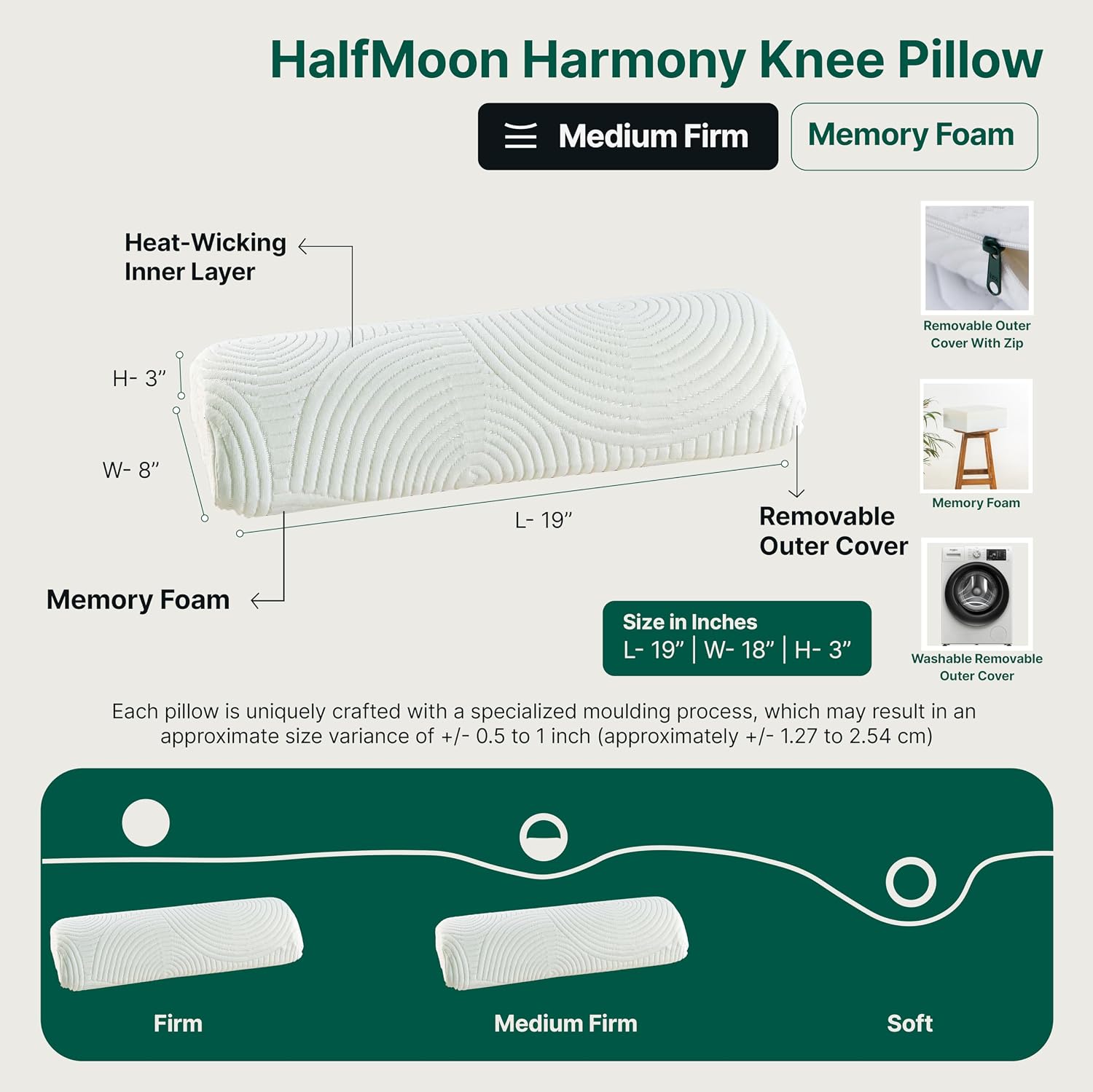 Orthopedic Soft Memory Foam Pillow, For Pain Relief, White - 19 X 8 X 3.5 Inch | Half Moon Multiuse Knee, Leg & Back Support | Bolster Pillow For Neck Pain Relief, Washable Cover