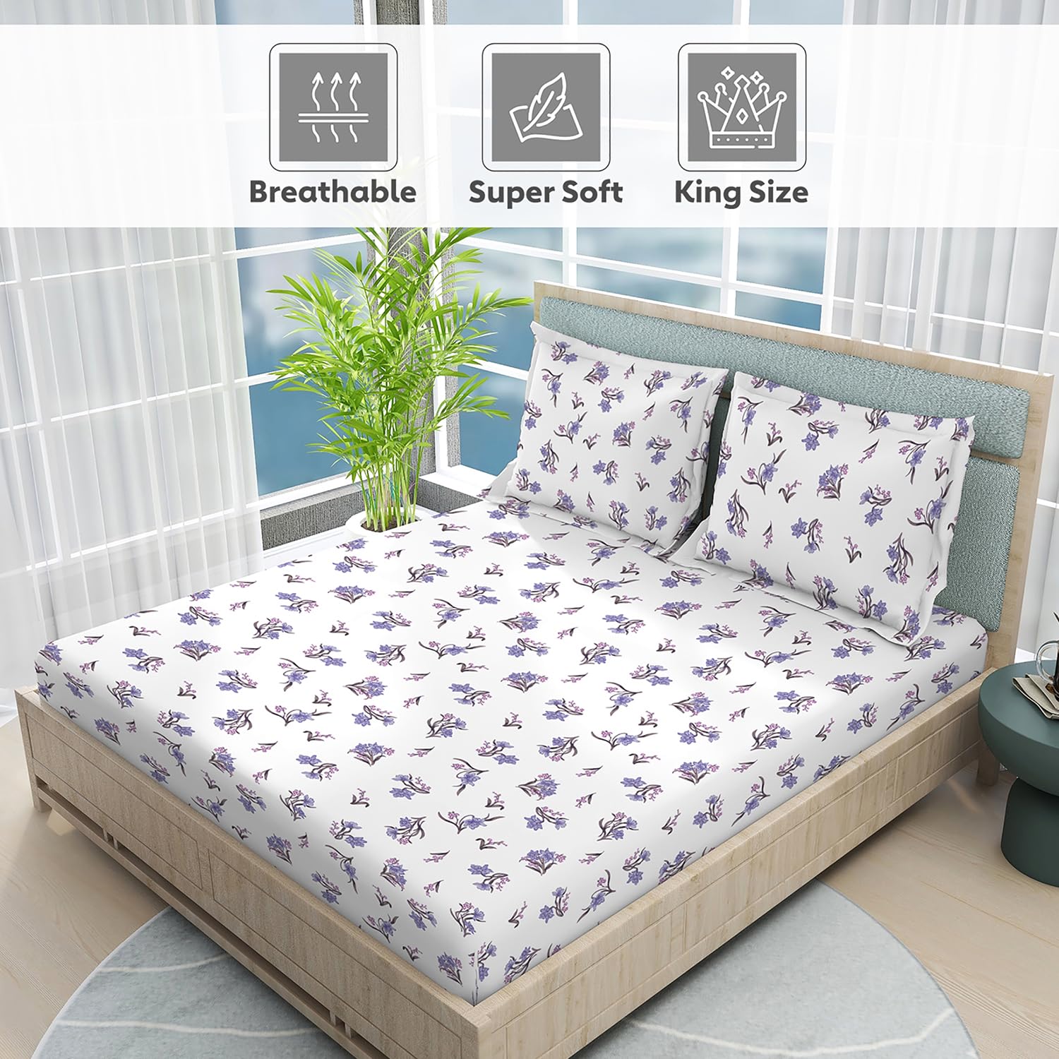 100% Cotton Bedsheet For Double Bed King Size With 2 Pillow Cover | 108x108 Inches, White - Light Weight, All Season Comfort Bedsheet