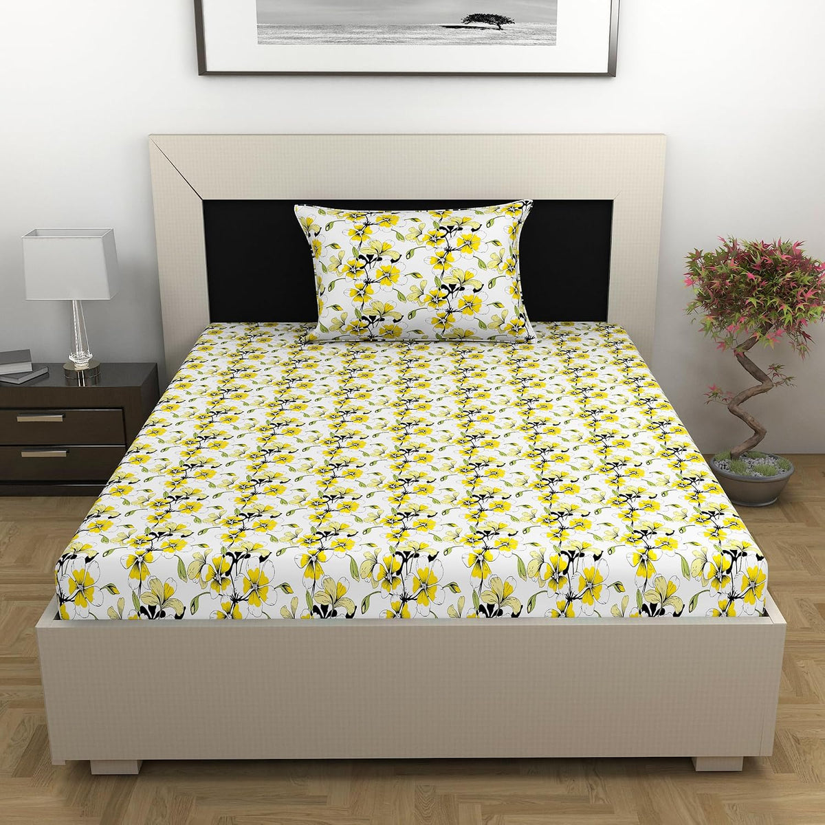Bedsheet For Single Size Bed With 1 Pillow Cover - 57 X 87 Inches, White & Yellow | Gifts For Wedding Or Anniversary, Surprise, Soft, Breathable, & Comfortable Bedsheet