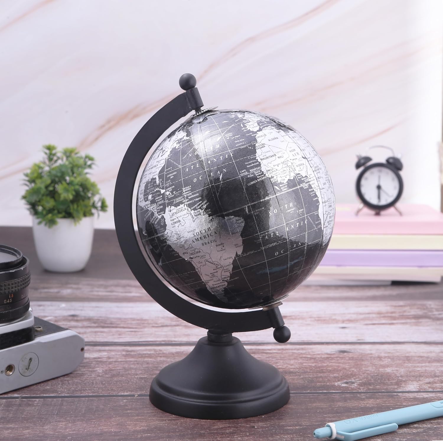 World Globe With Sturdy Metal Stand (Not Plastic) Desktop Globe For Home, Desk Table Office Decor - Book Shelf Decor Globe, 5 Inch, Metallic Black, Pack Of 1